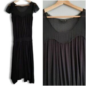 BCBG Max Azria Pleated Defined Waist Knee Length Midi Dress Black Sz XS